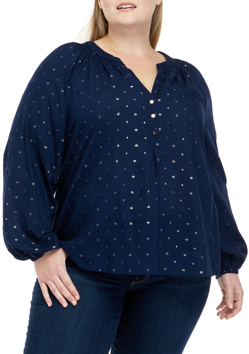 Plus Size Split Neck Peasant Top