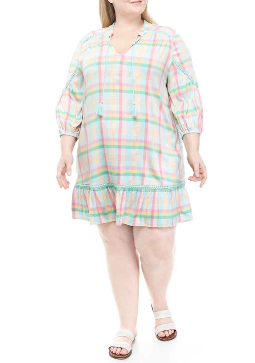 Plus Size 3/4 Sleeve Plaid Peasant Dress