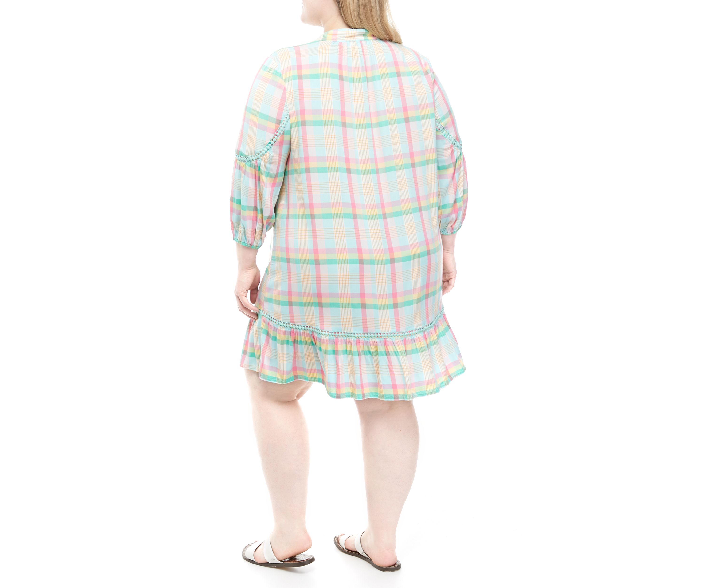 Plus Size 3/4 Sleeve Plaid Peasant Dress