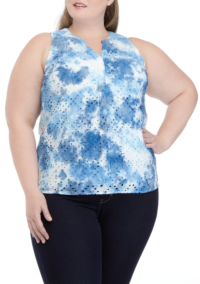Plus Size Sleeveless Tie Dye Eyelet Top