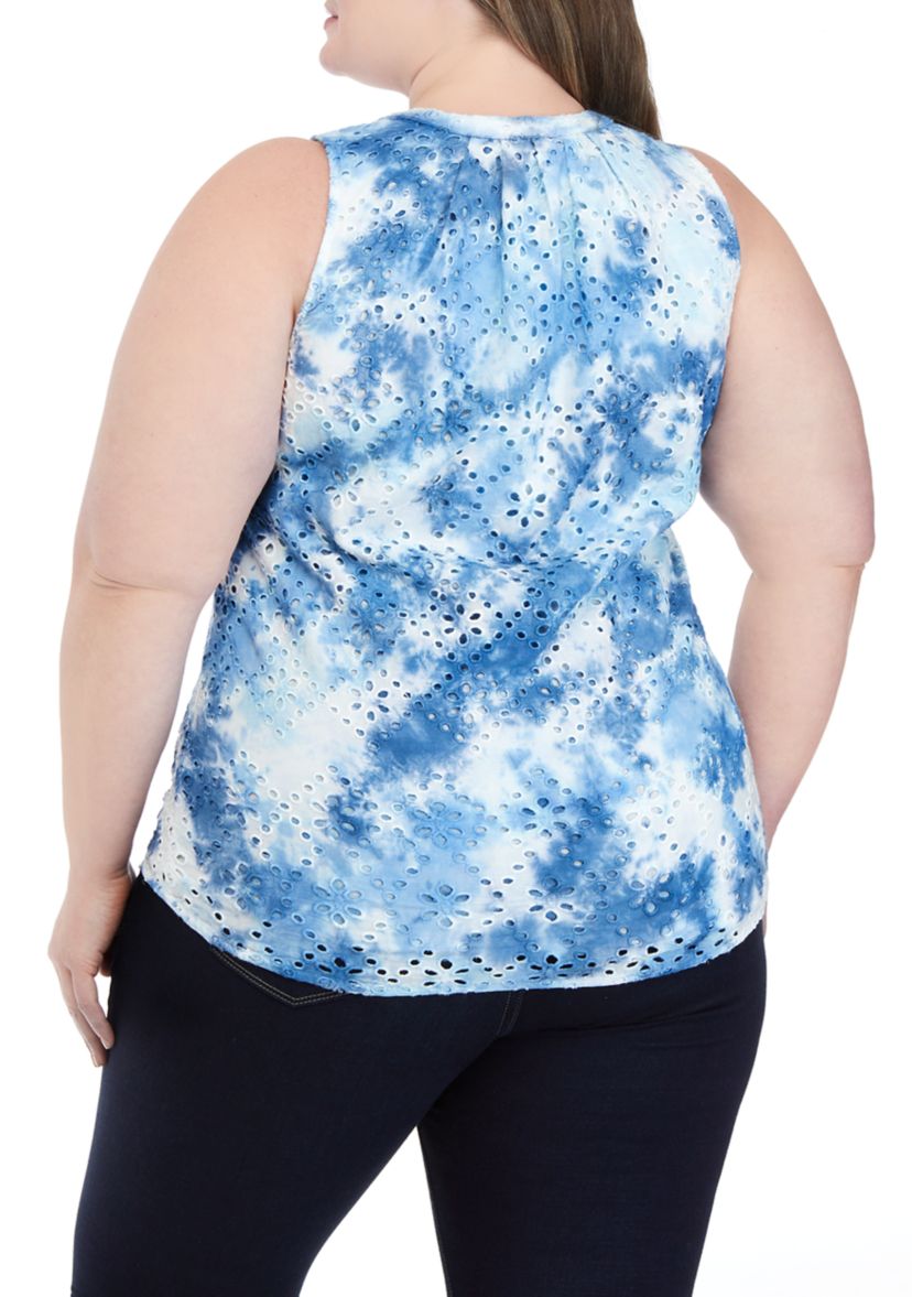 Plus Size Sleeveless Tie Dye Eyelet Top