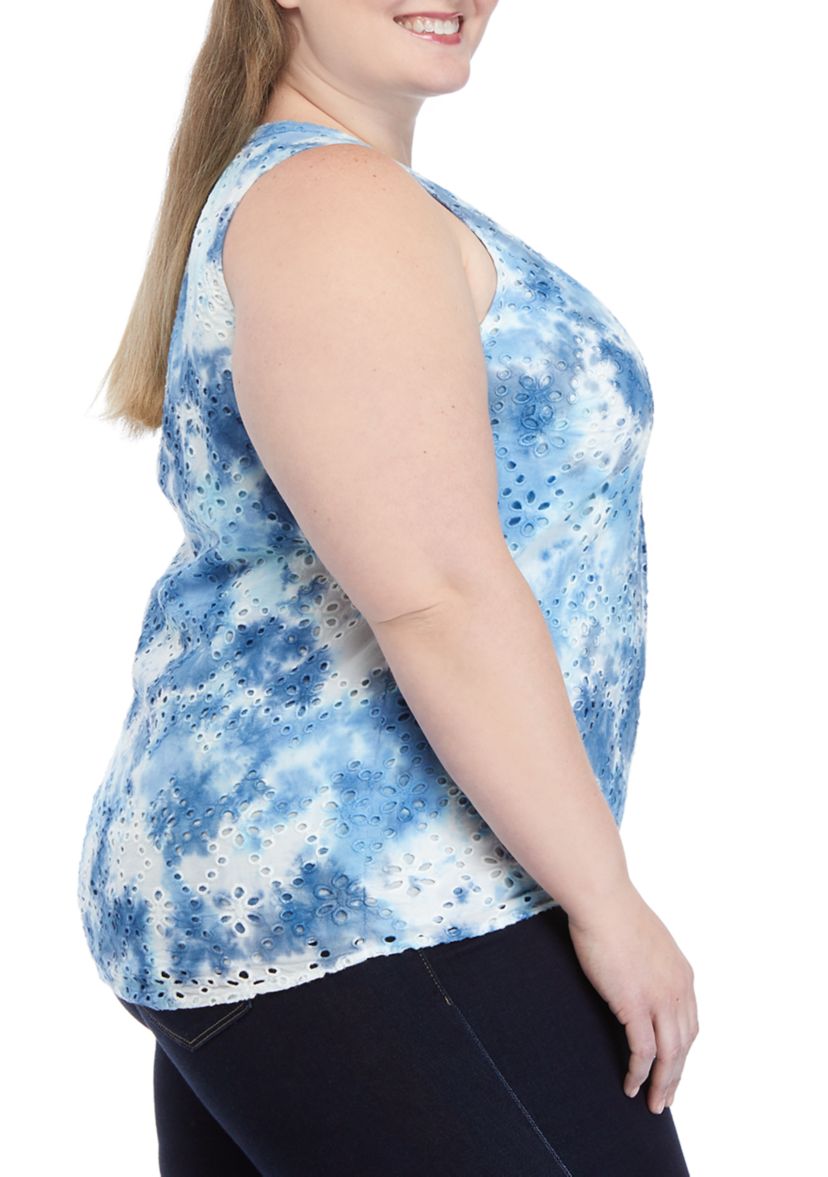 Plus Size Sleeveless Tie Dye Eyelet Top