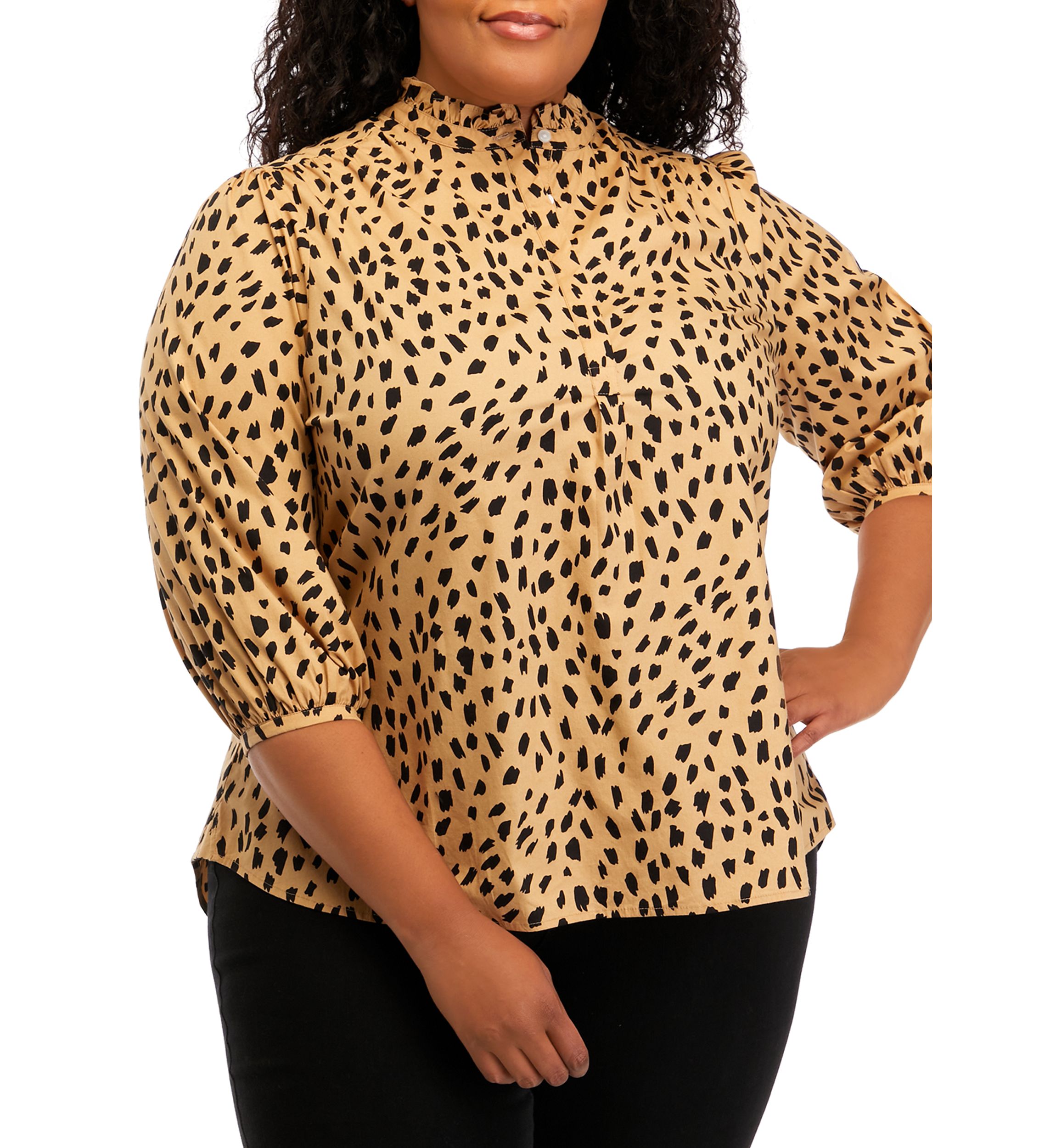 	  Plus Size 3/4 Sleeve Animal Print Mock Neck Top 