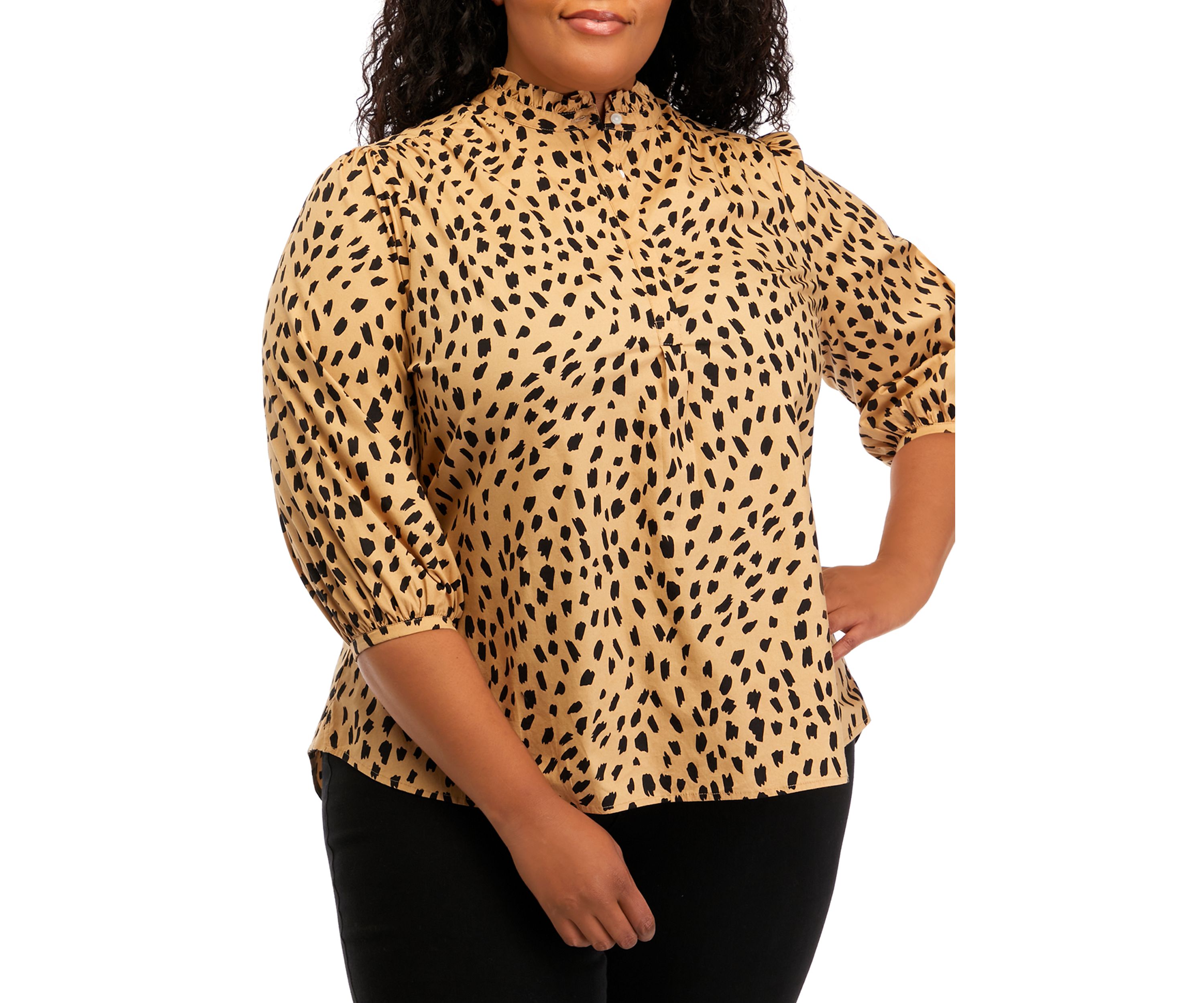 	  Plus Size 3/4 Sleeve Animal Print Mock Neck Top 