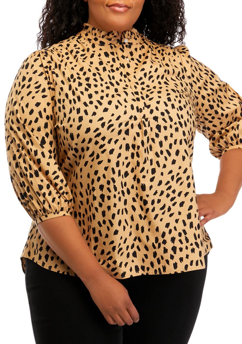 	  Plus Size 3/4 Sleeve Animal Print Mock Neck Top 