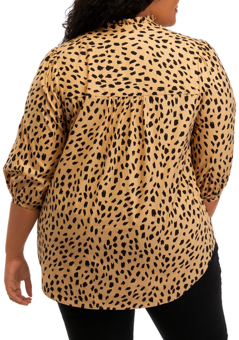 	  Plus Size 3/4 Sleeve Animal Print Mock Neck Top 