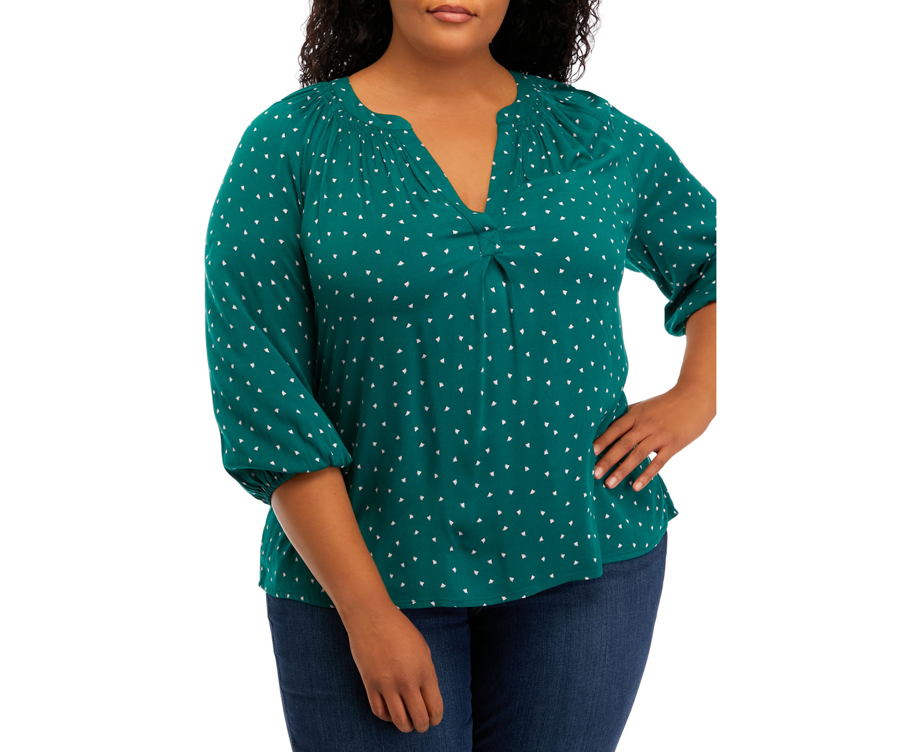 Plus Size Puff Sleeve Printed Peasant Top