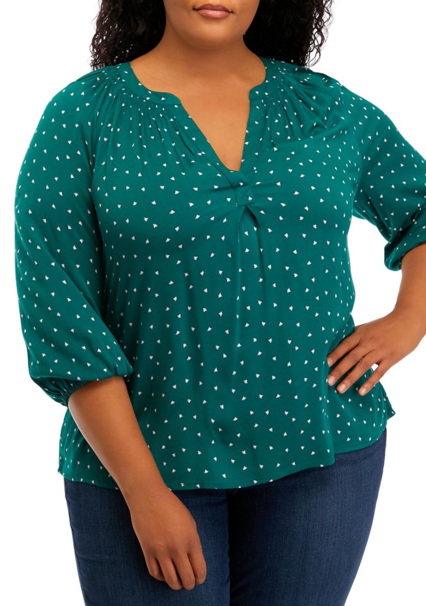 Plus Size Puff Sleeve Printed Peasant Top