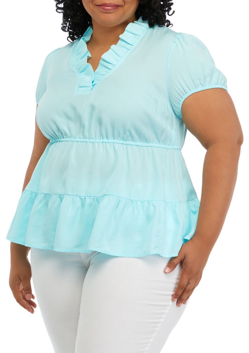 Plus Size Solid Ruffle Peasant Top