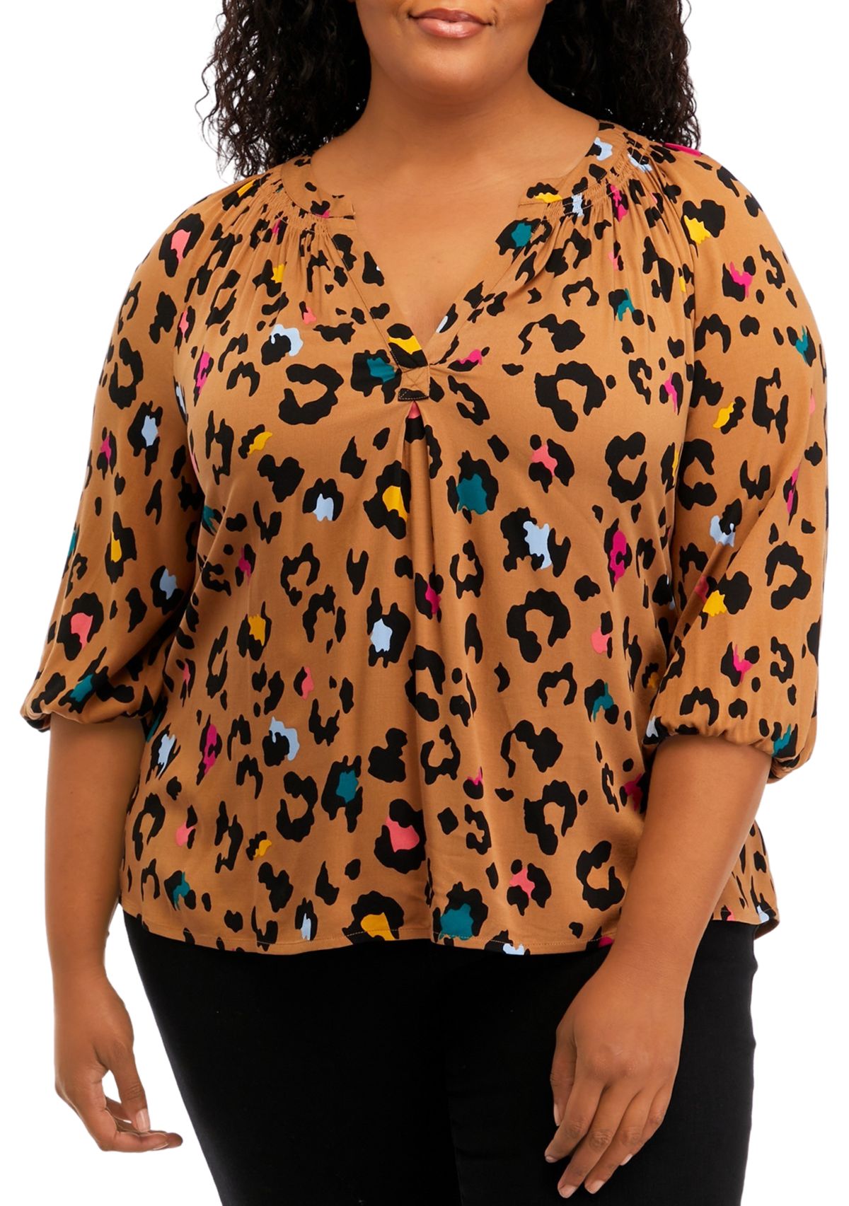 Plus Size 3/4 Sleeve Printed Peasant Top