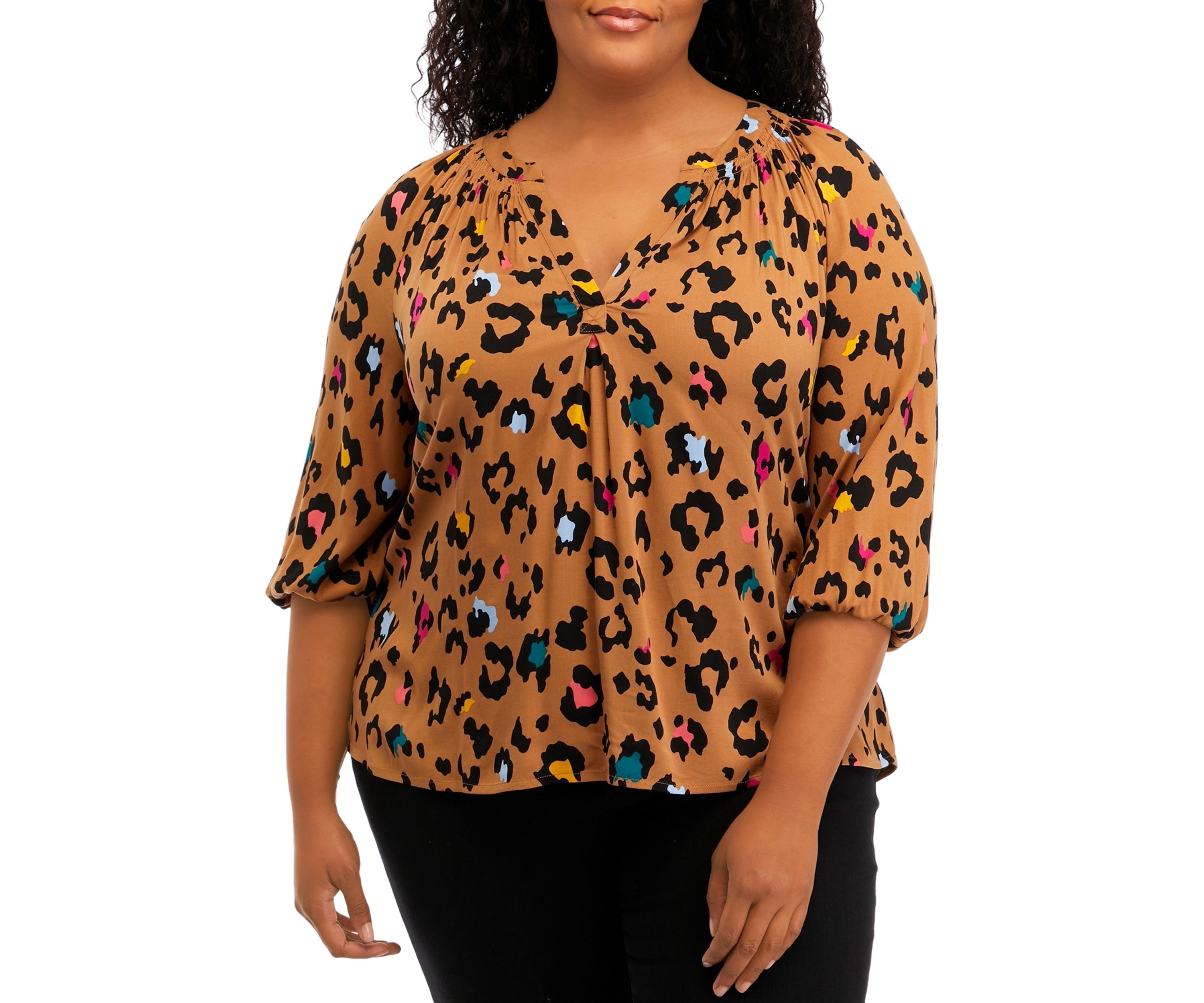 Plus Size 3/4 Sleeve Printed Peasant Top