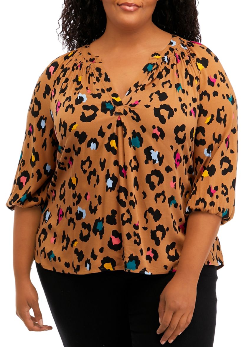 Plus Size 3/4 Sleeve Printed Peasant Top