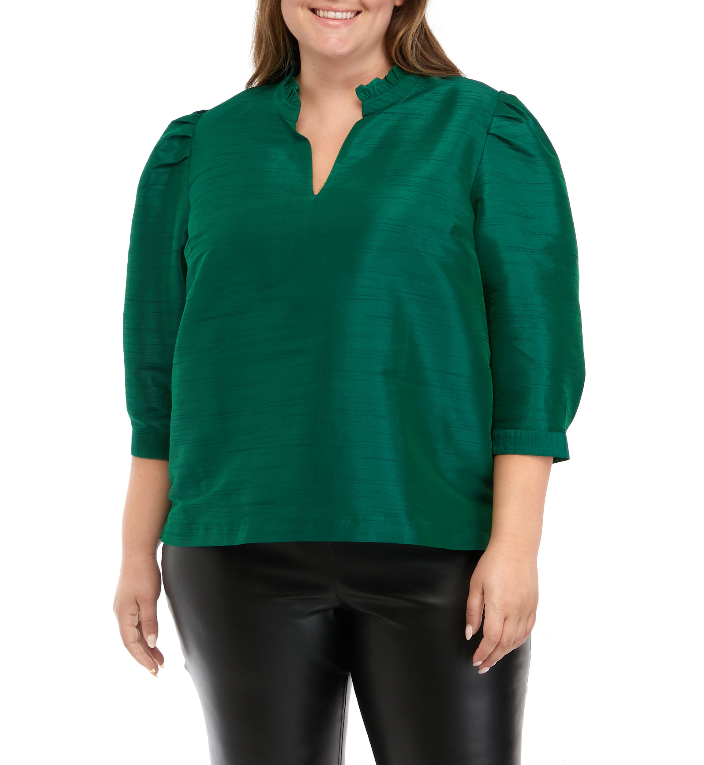 Plus Size Blouson Sleeve Ruffle Neck Top