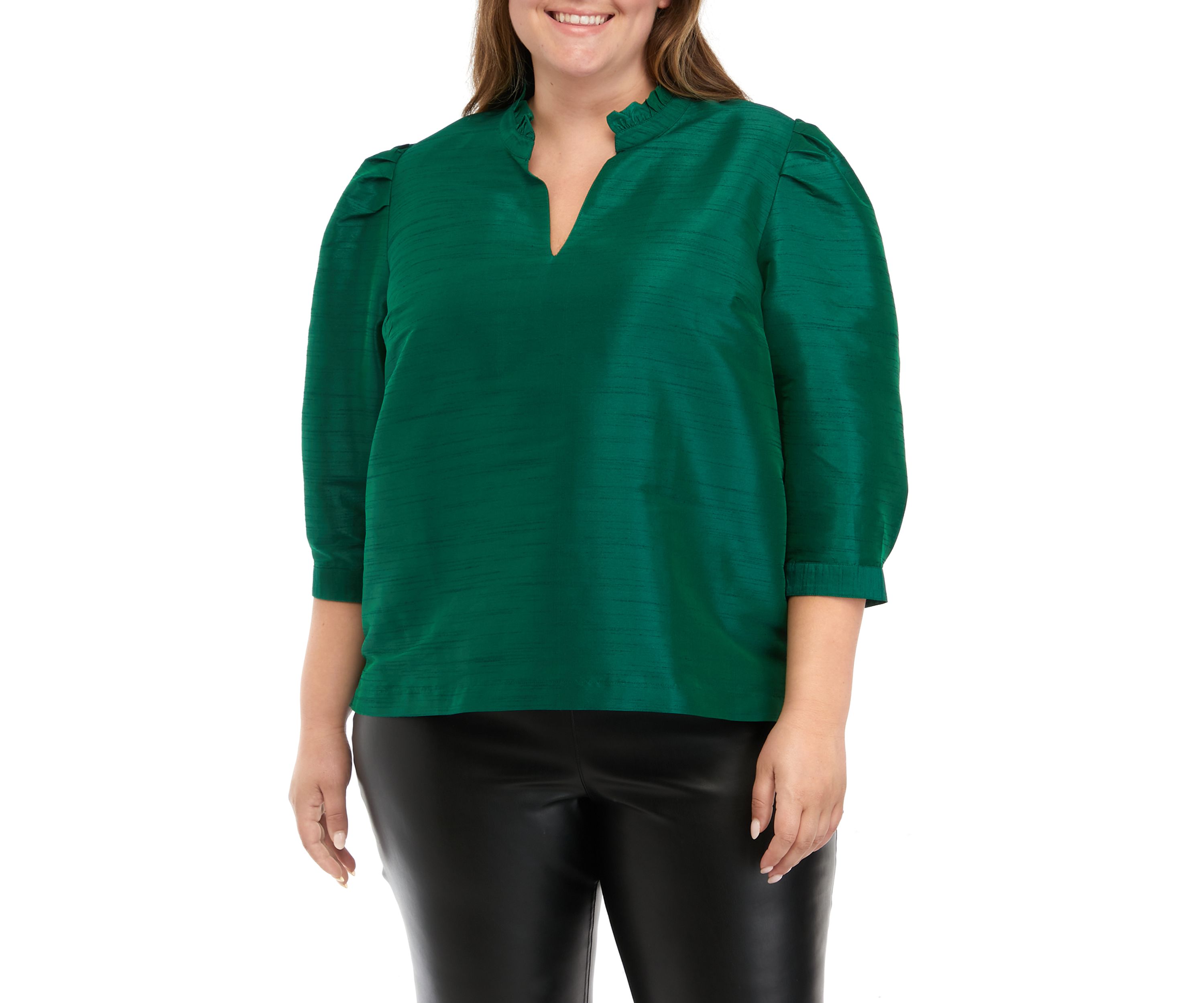 Plus Size Blouson Sleeve Ruffle Neck Top