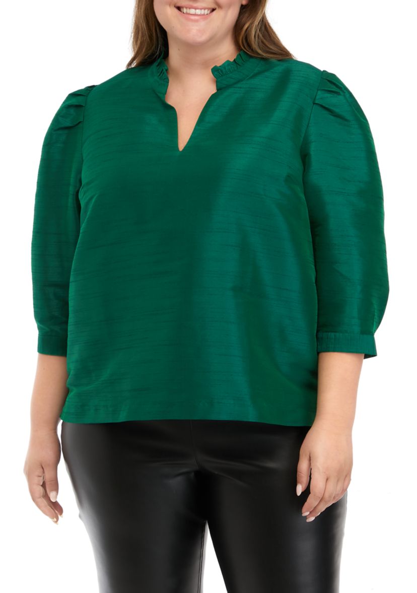 Plus Size Blouson Sleeve Ruffle Neck Top