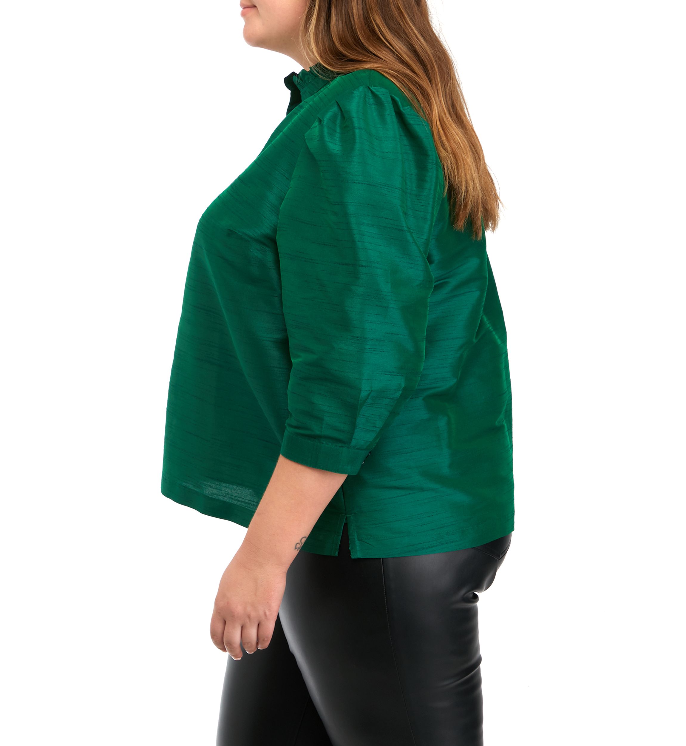 Plus Size Blouson Sleeve Ruffle Neck Top