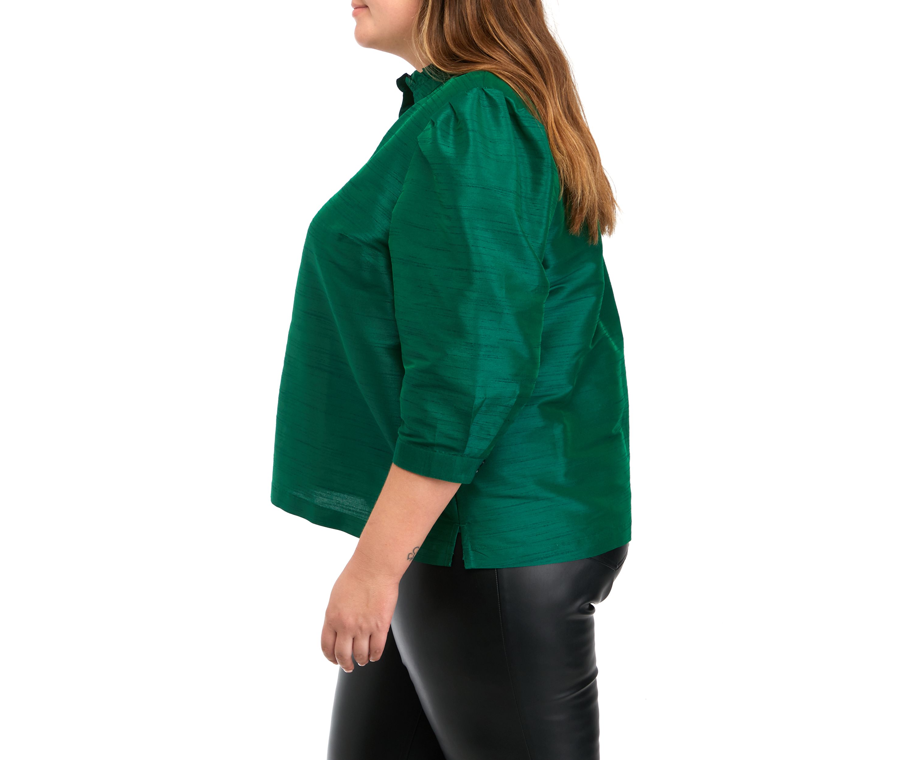 Plus Size Blouson Sleeve Ruffle Neck Top