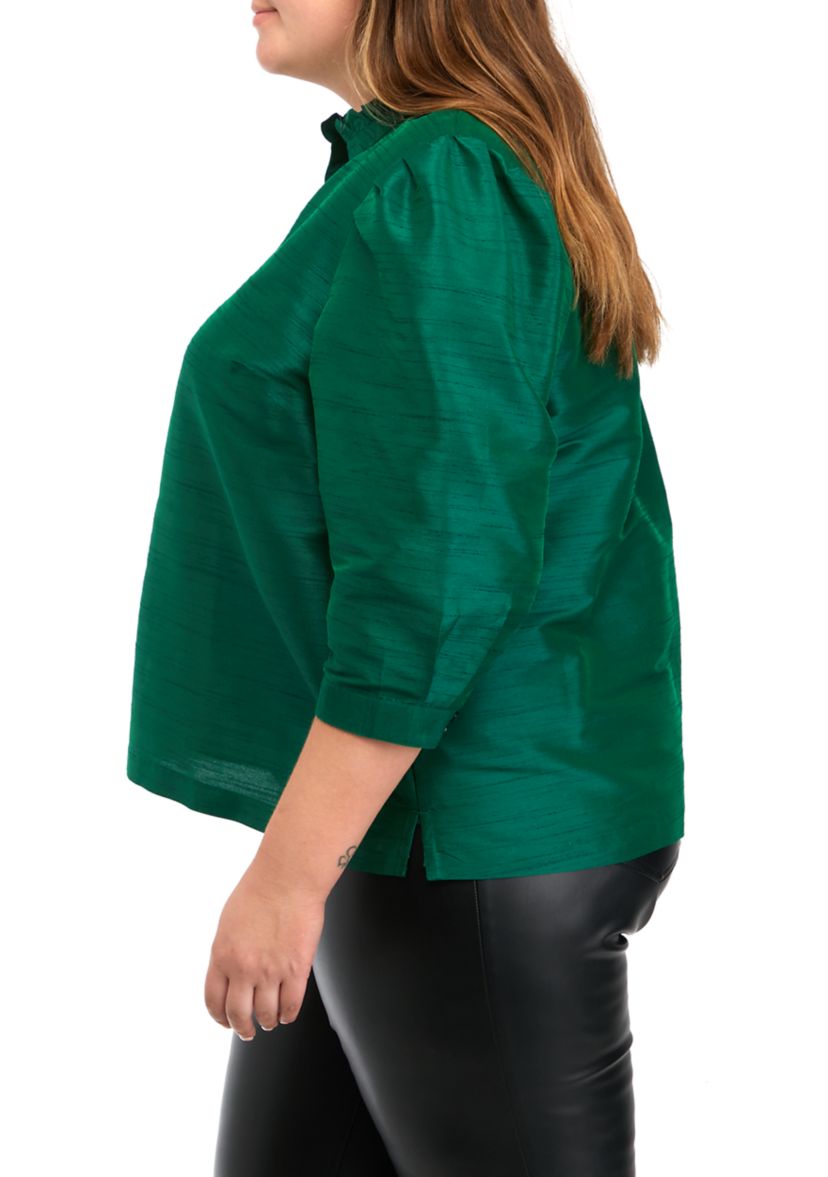 Plus Size Blouson Sleeve Ruffle Neck Top