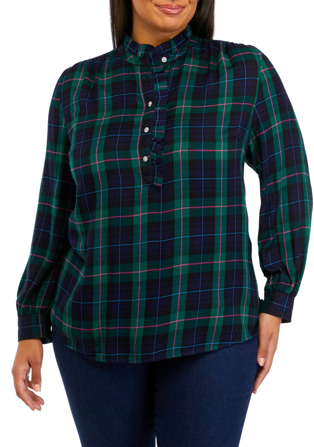 Plus Size Plaid Ruffle Henley Shirt 