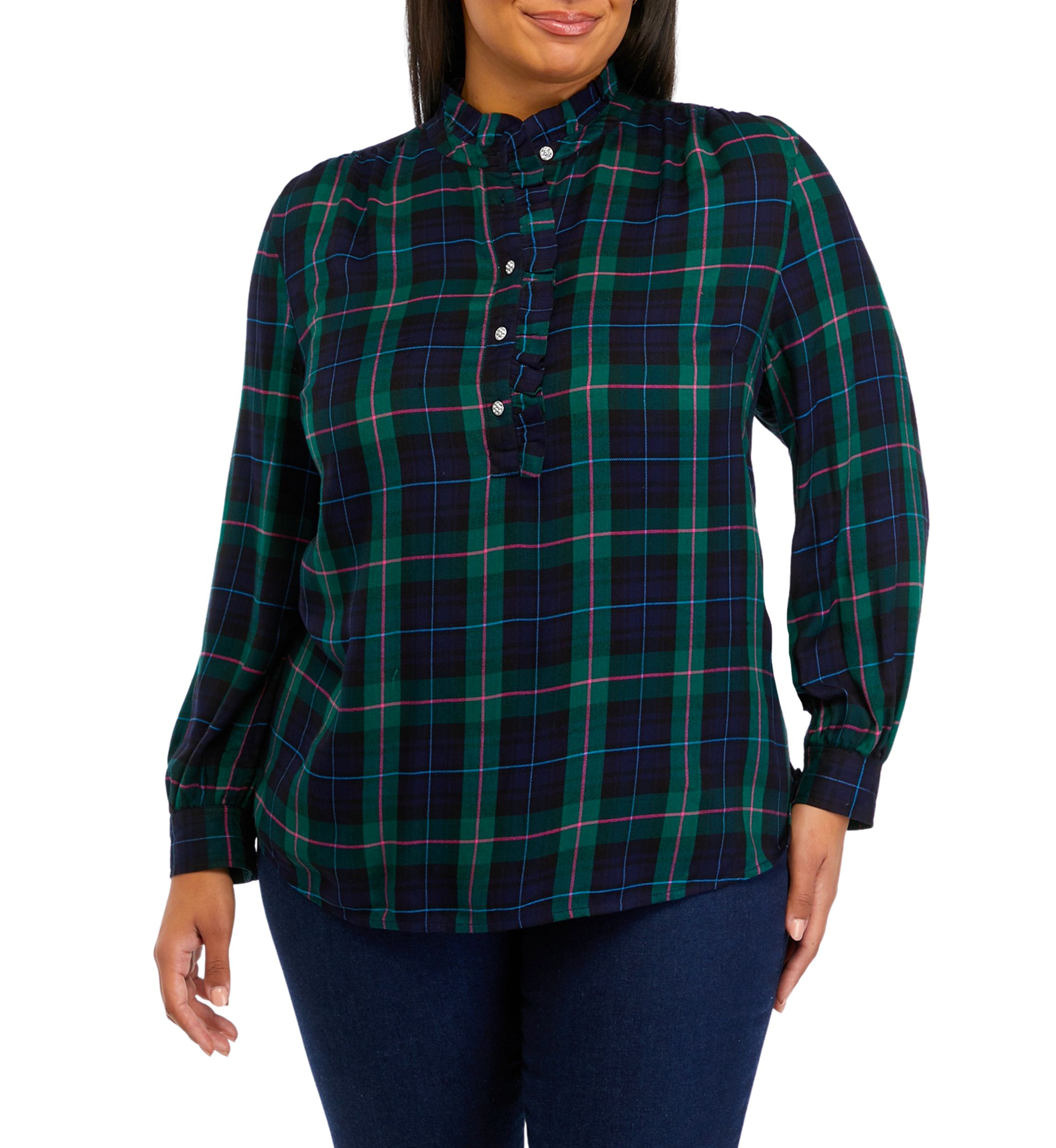 Plus Size Plaid Ruffle Henley Shirt 