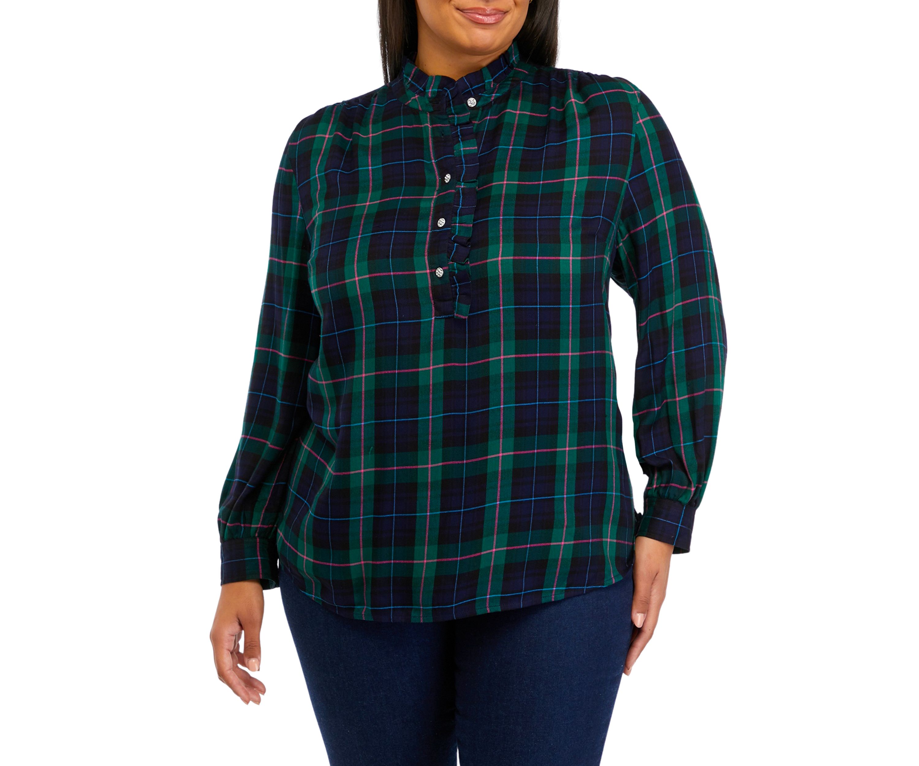 Plus Size Plaid Ruffle Henley Shirt 