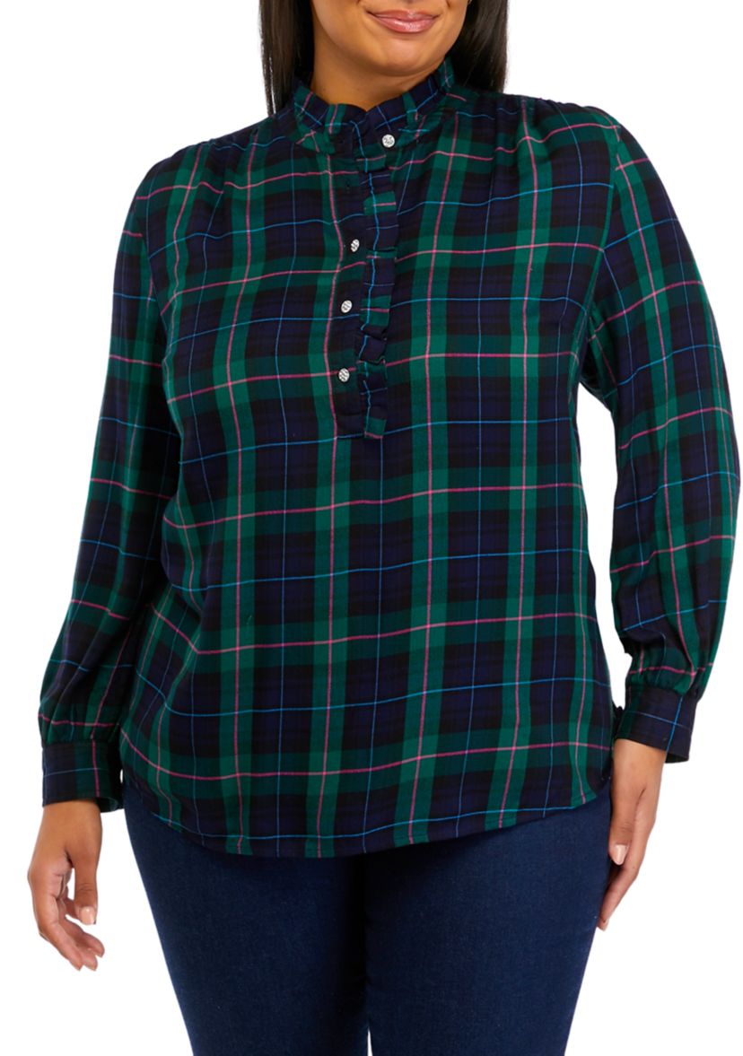 Plus Size Plaid Ruffle Henley Shirt 