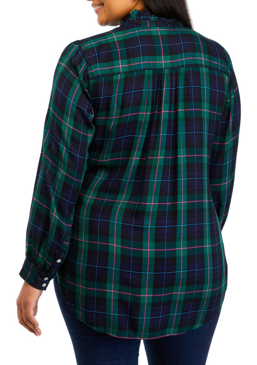 Plus Size Plaid Ruffle Henley Shirt 