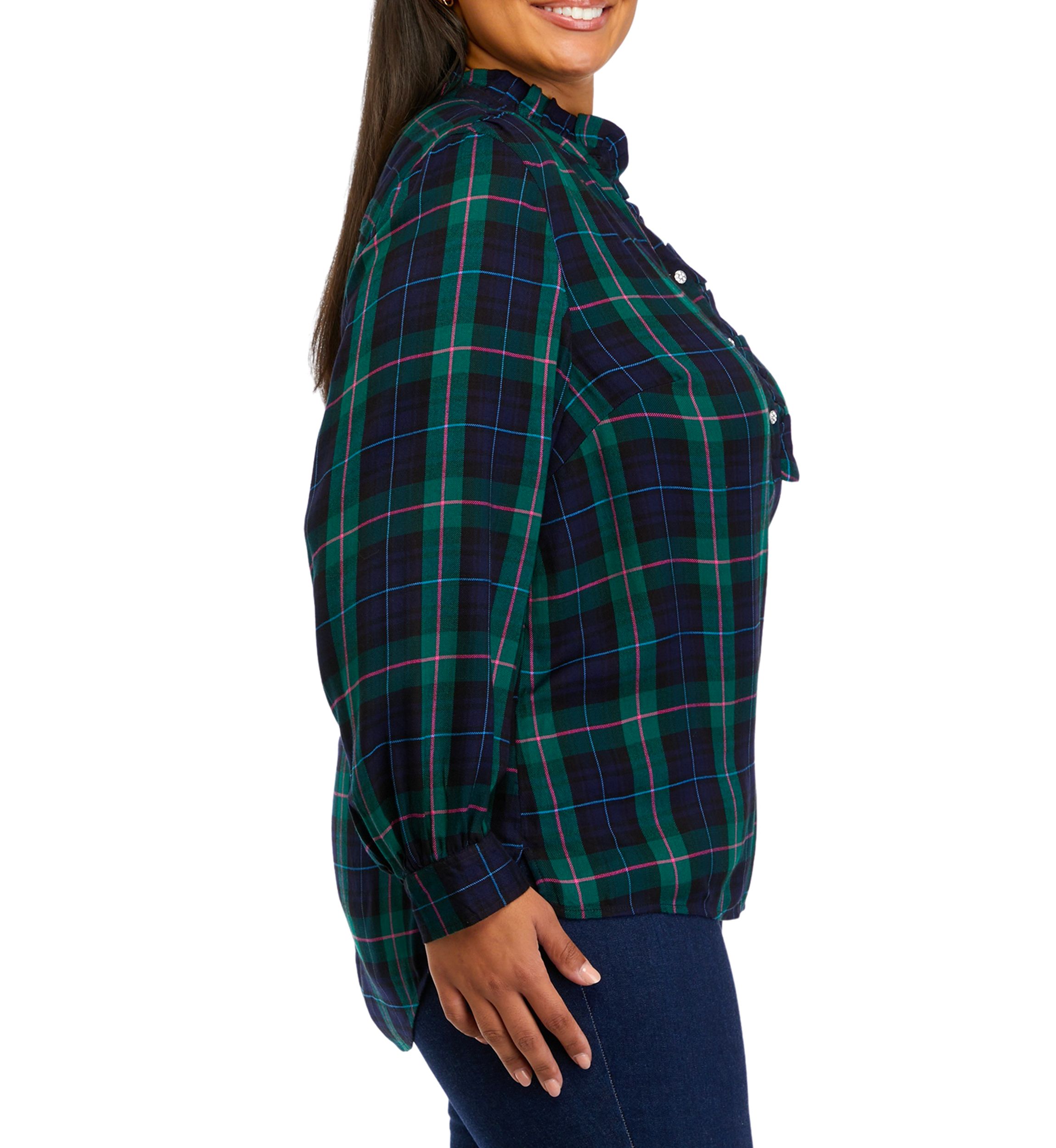 Plus Size Plaid Ruffle Henley Shirt 