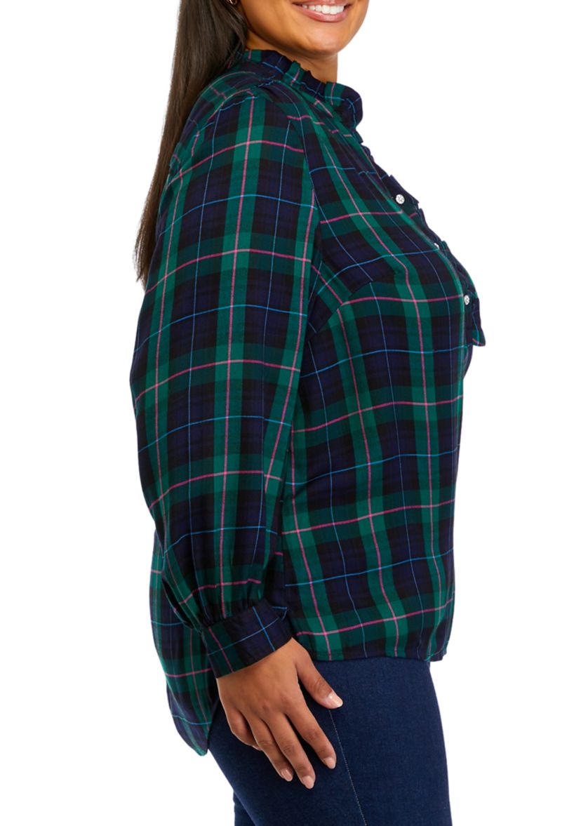 Plus Size Plaid Ruffle Henley Shirt 