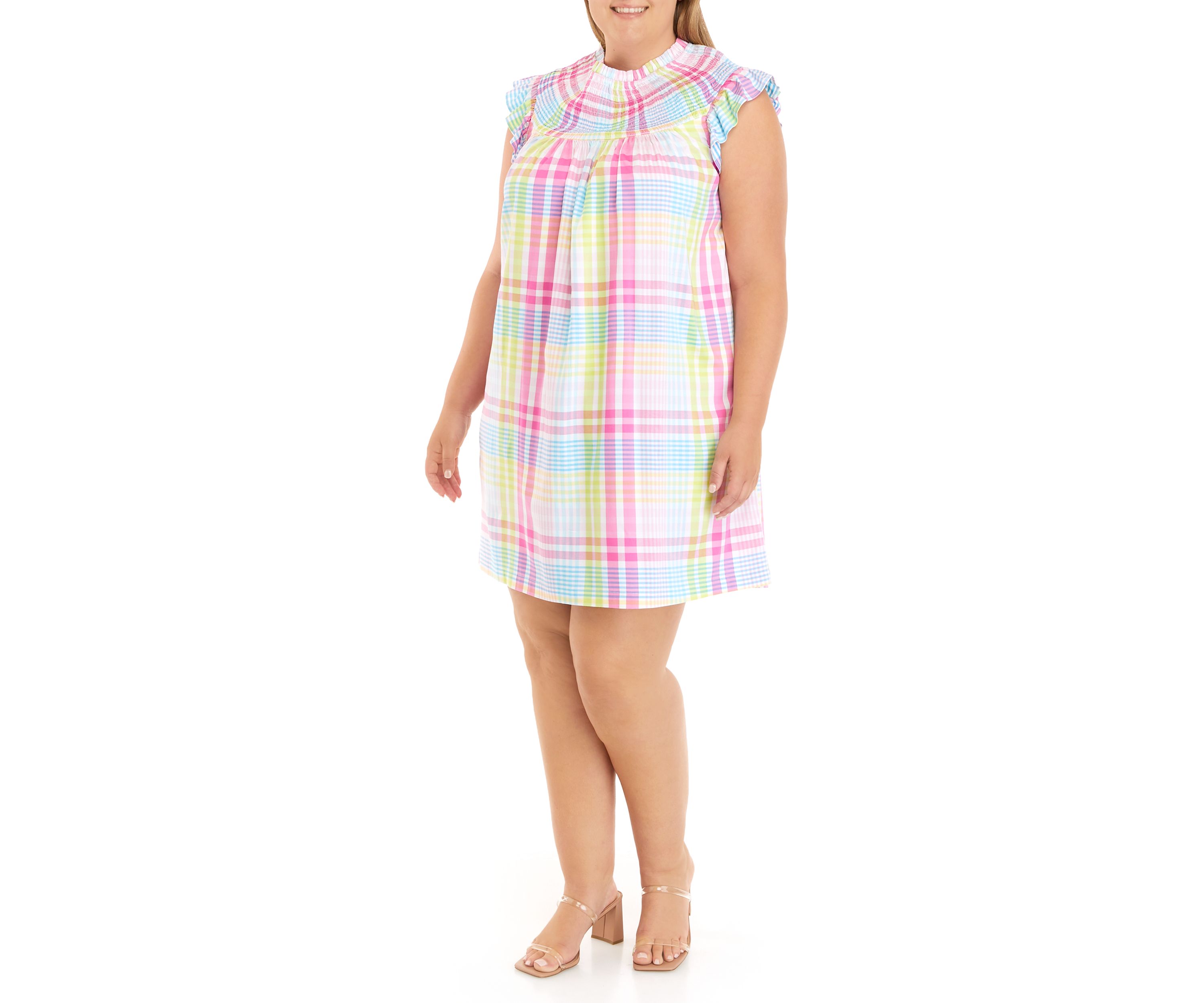 Plus Size Sleeveless Smocked Yarn Dyed Dress