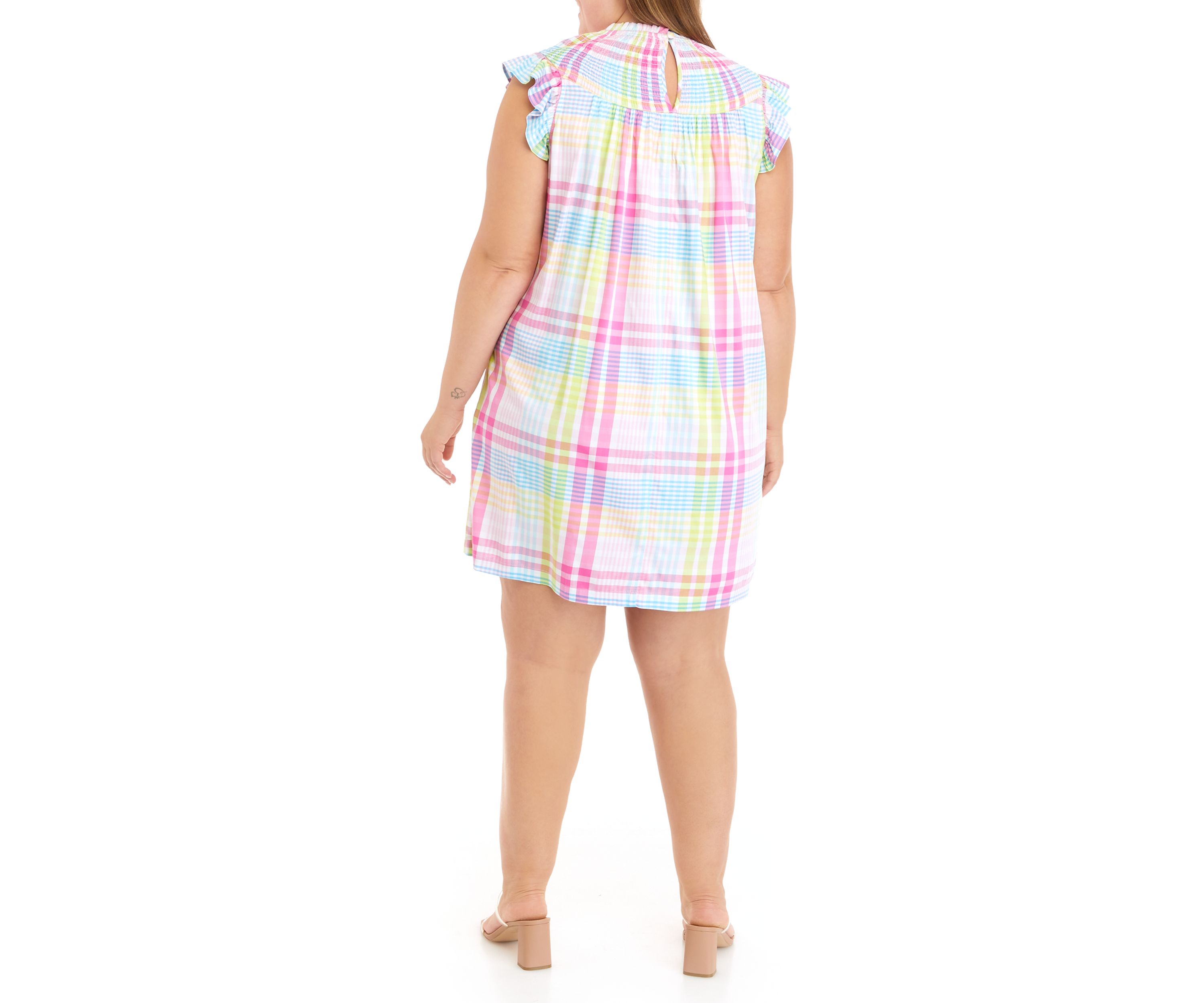 Plus Size Sleeveless Smocked Yarn Dyed Dress