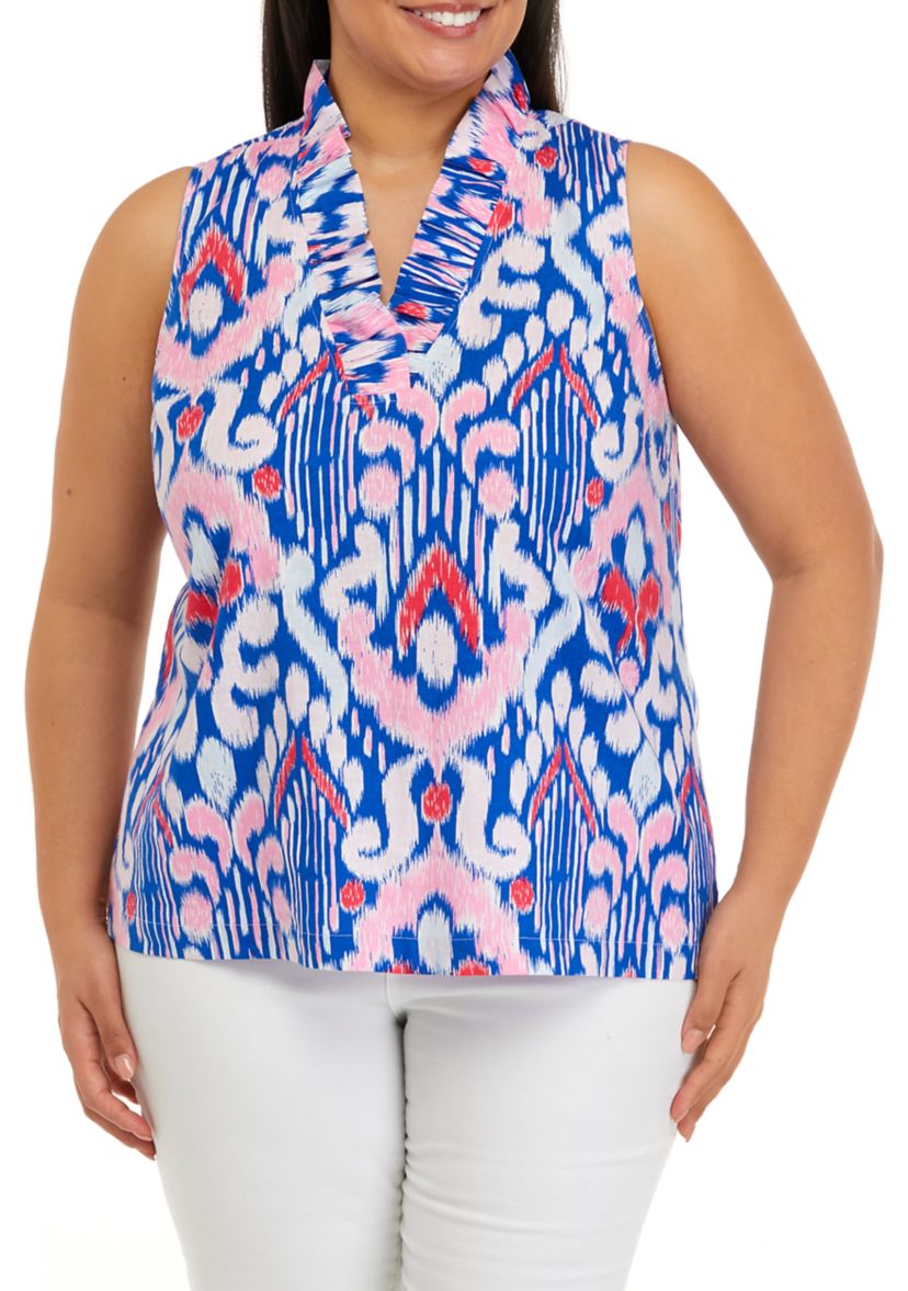 Plus Size Ruffle Neck Linen Printed Top