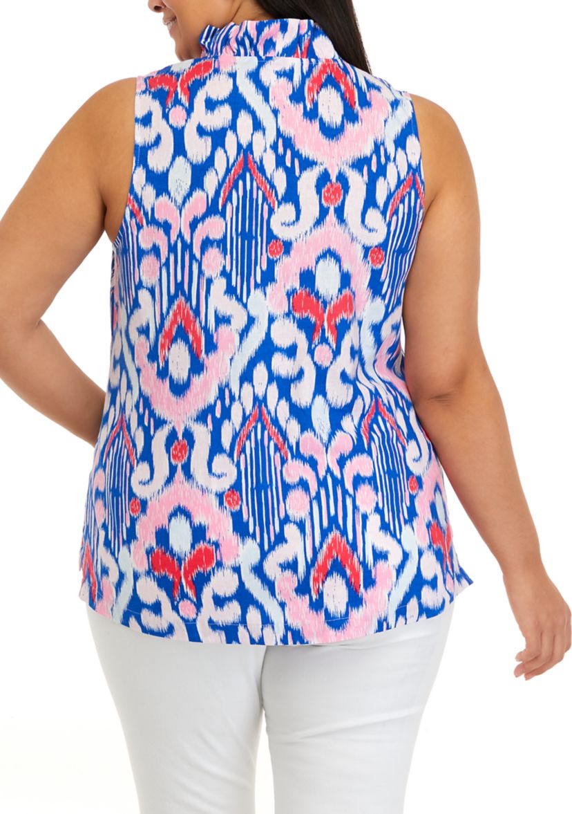 Plus Size Ruffle Neck Linen Printed Top