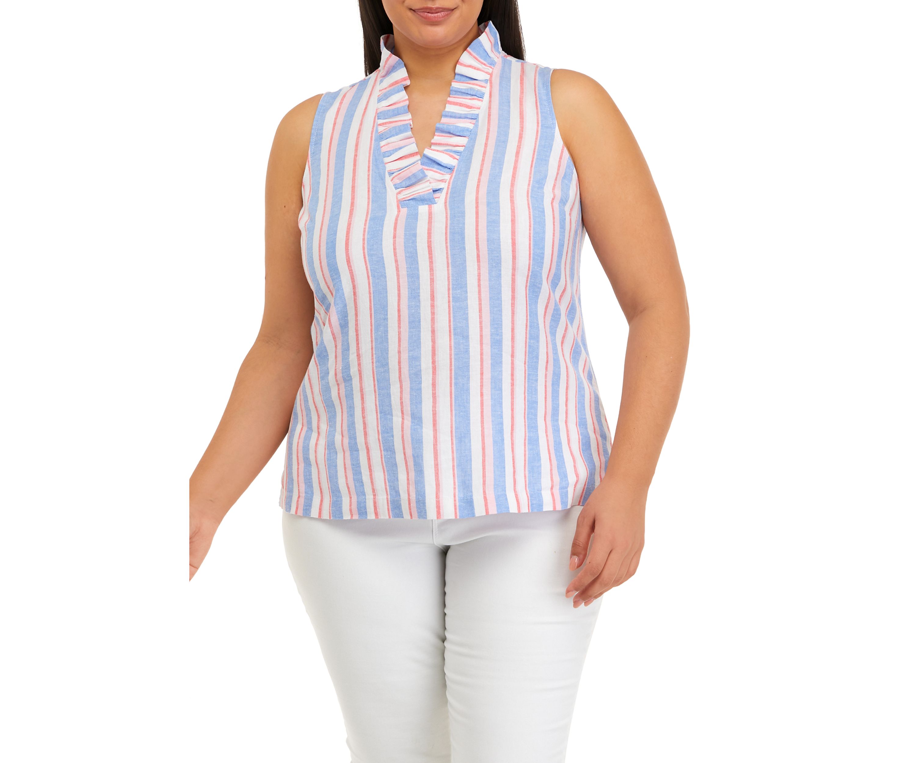 Plus Size Ruffle Neck Linen Yarn Dyed Top