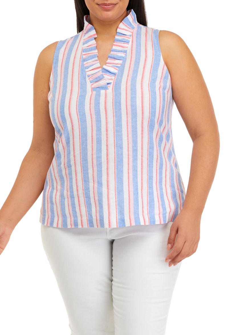 Plus Size Ruffle Neck Linen Yarn Dyed Top