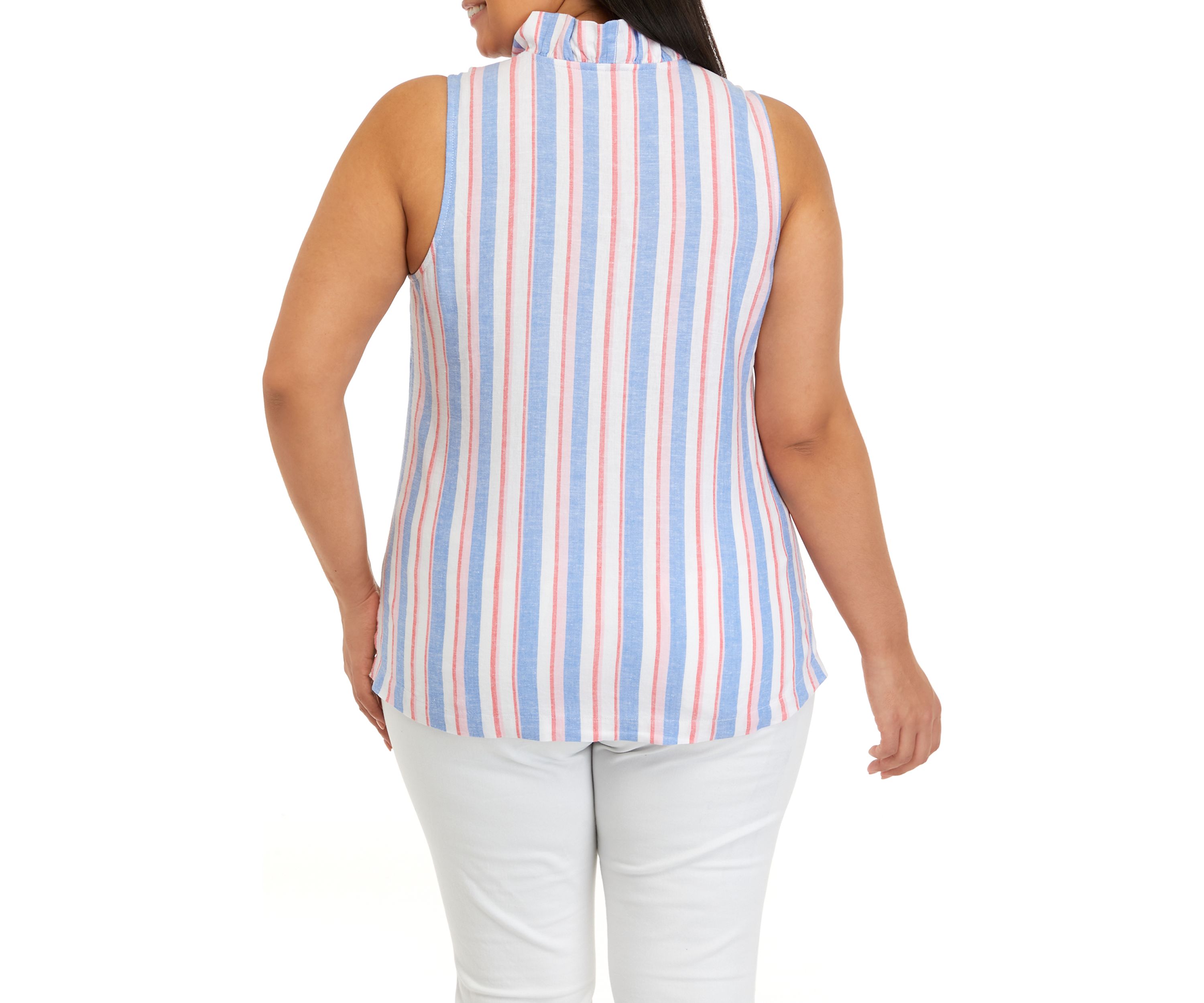 Plus Size Ruffle Neck Linen Yarn Dyed Top
