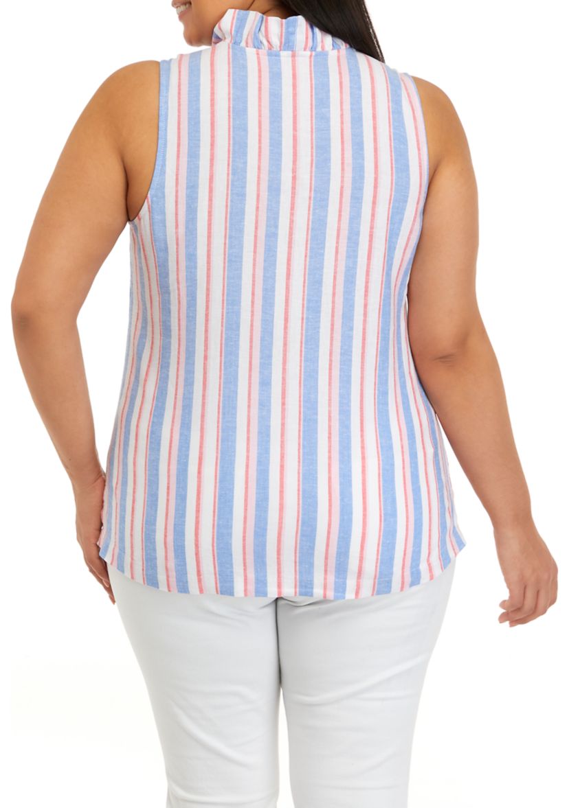 Plus Size Ruffle Neck Linen Yarn Dyed Top