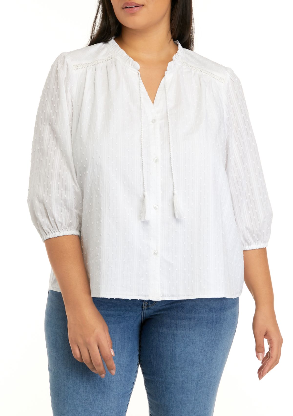 Crown & Ivy™ Plus Size 3/4 Sleeve Ruffle Peasant Top | Belk