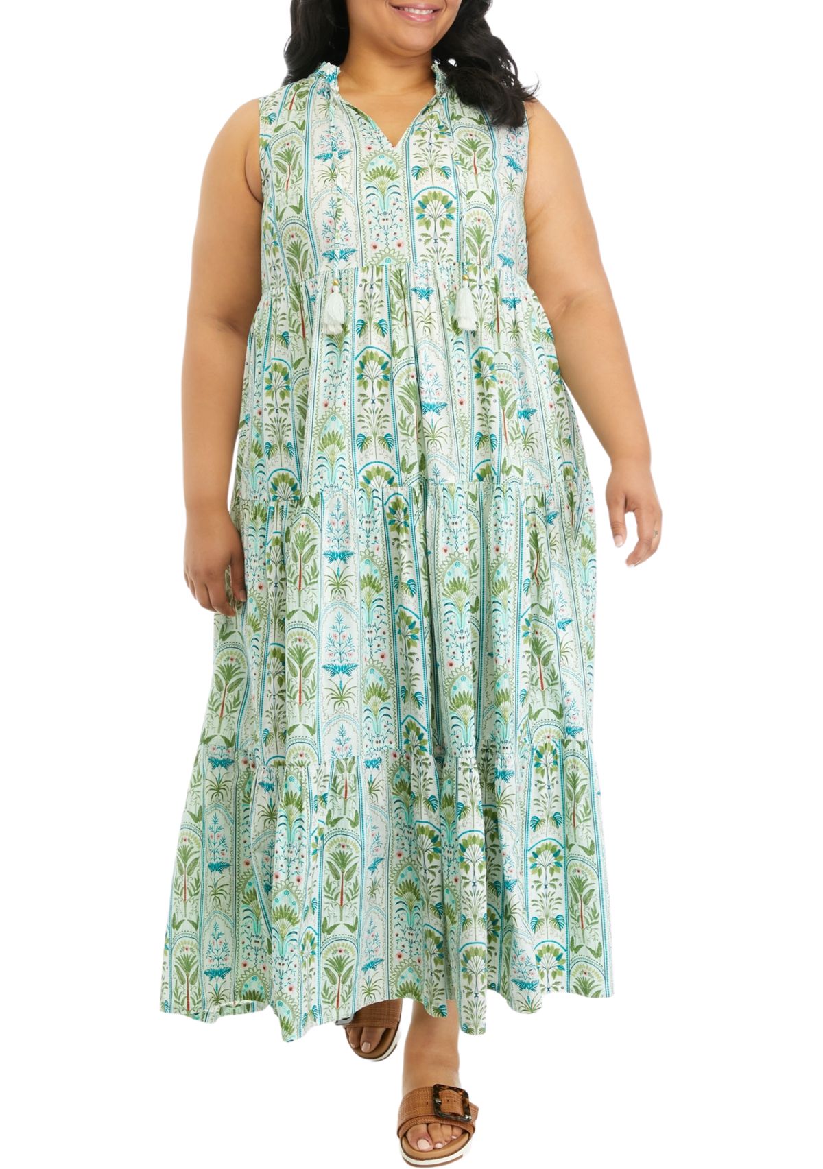 Plus Size Ruffle Neck Printed Midi Dress