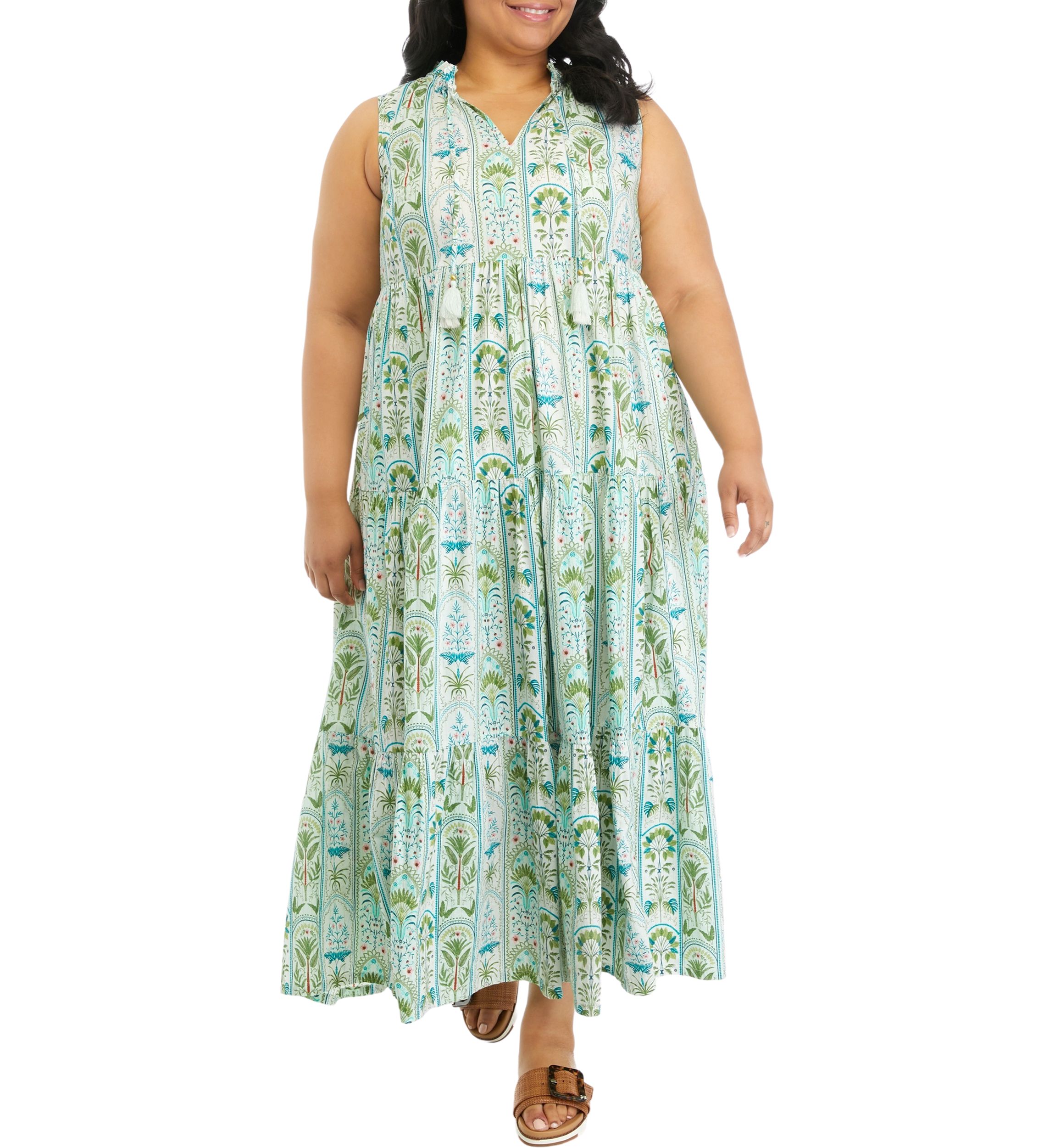 Plus Size Ruffle Neck Printed Midi Dress