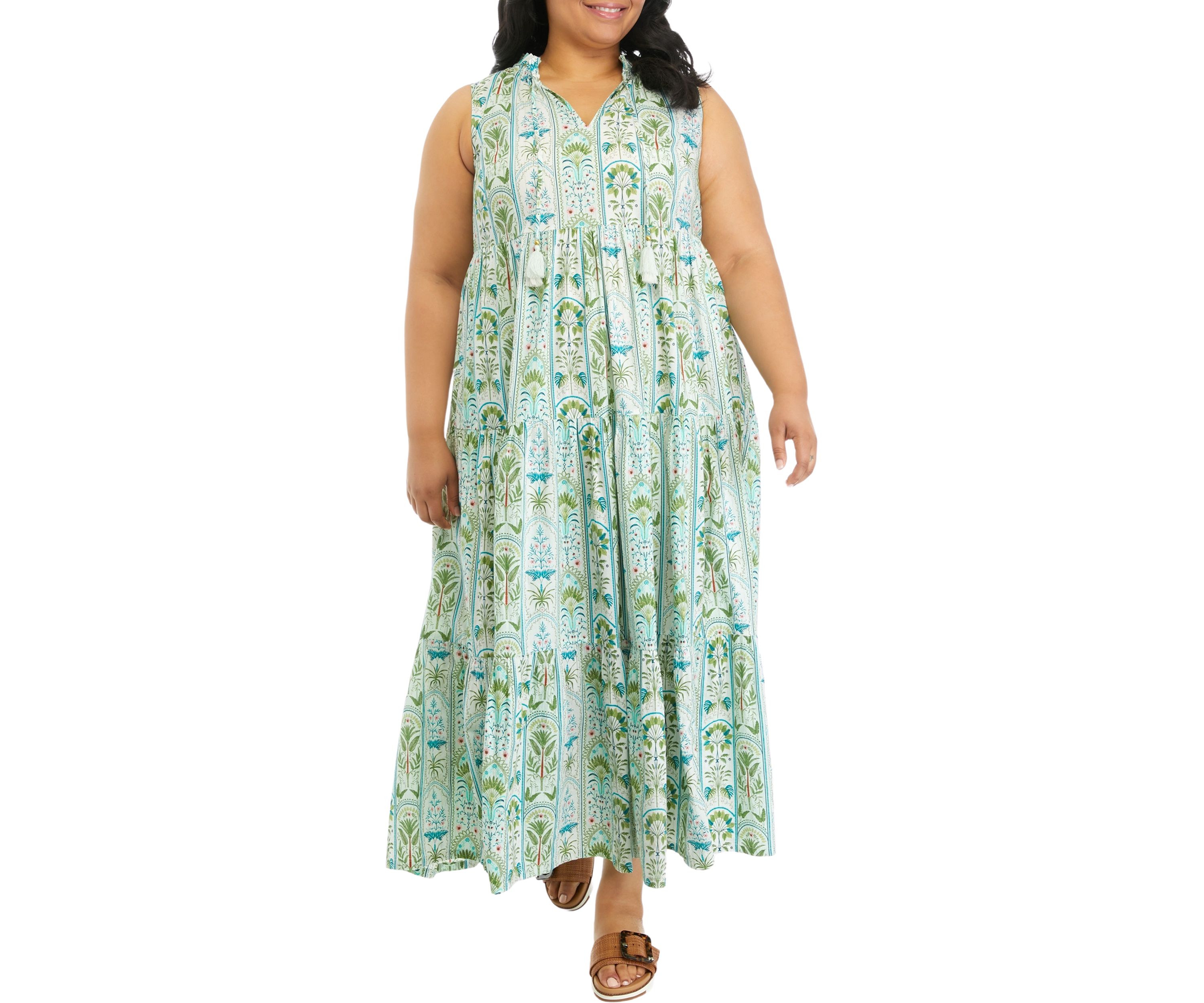 Plus Size Ruffle Neck Printed Midi Dress