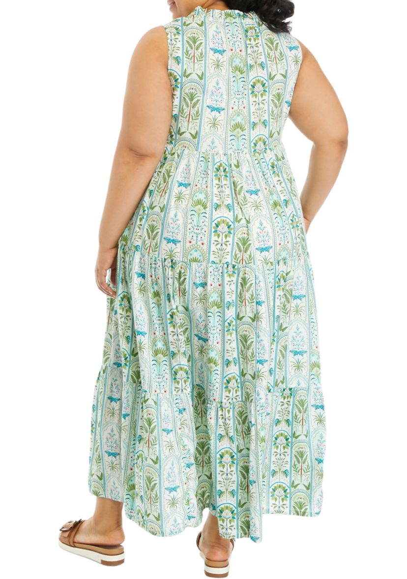 Plus Size Ruffle Neck Printed Midi Dress