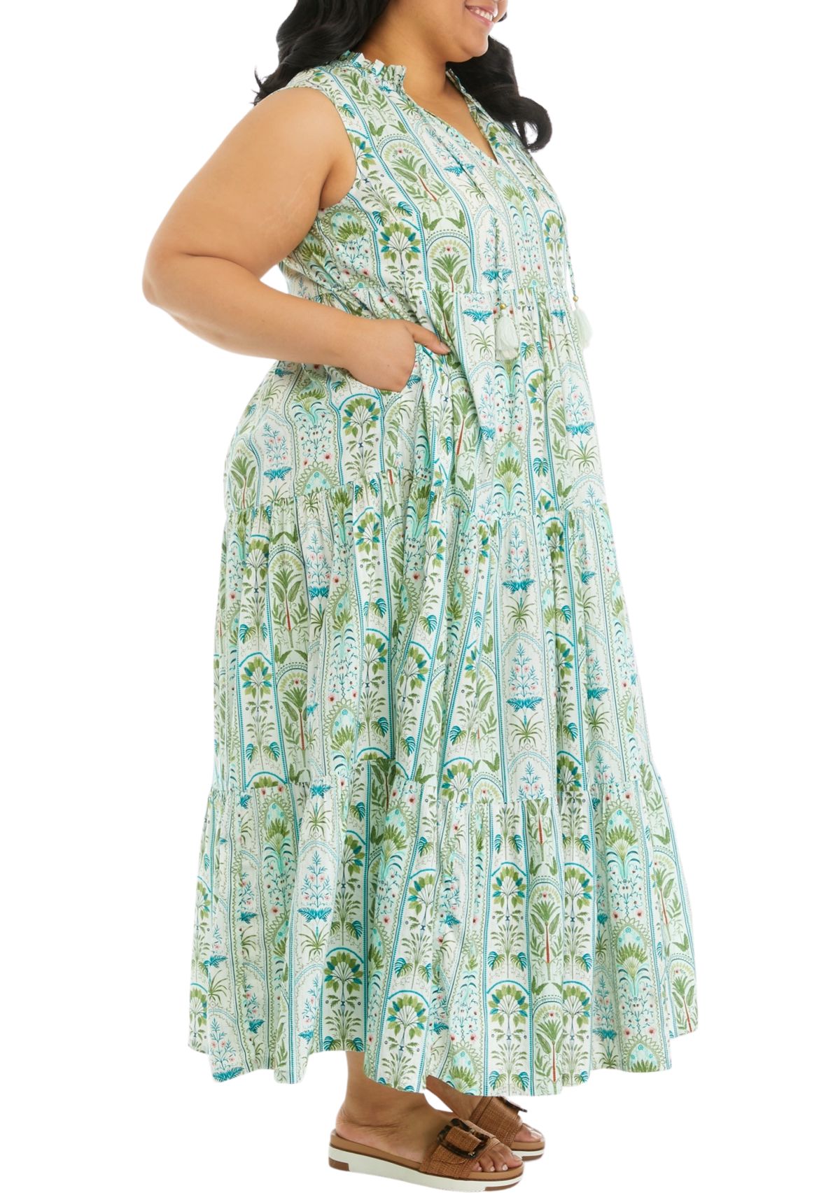 Plus Size Ruffle Neck Printed Midi Dress