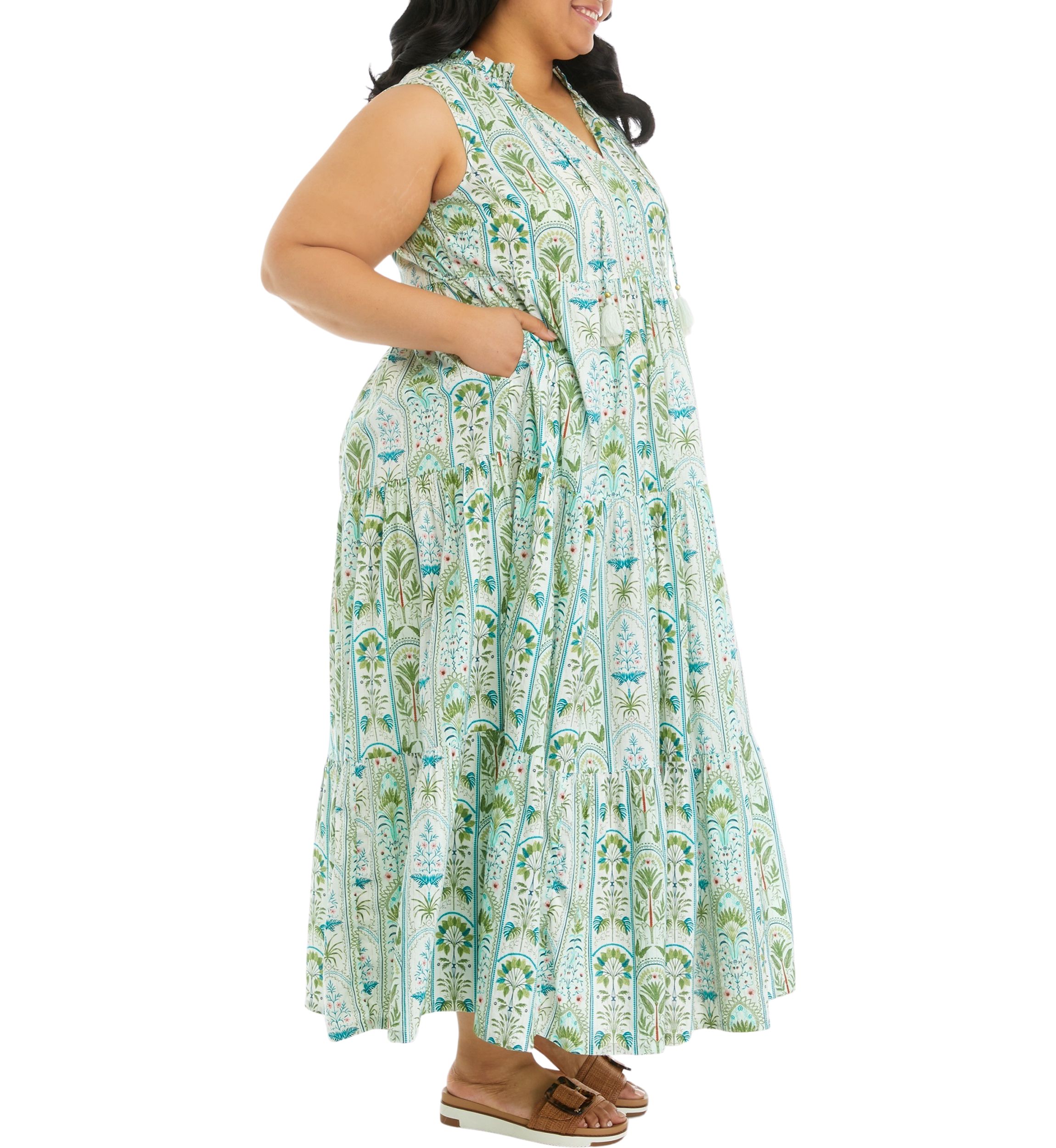 Plus Size Ruffle Neck Printed Midi Dress