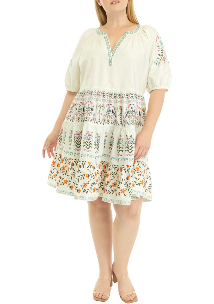 Plus Size Elbow Sleeve Floral Tiered Dress