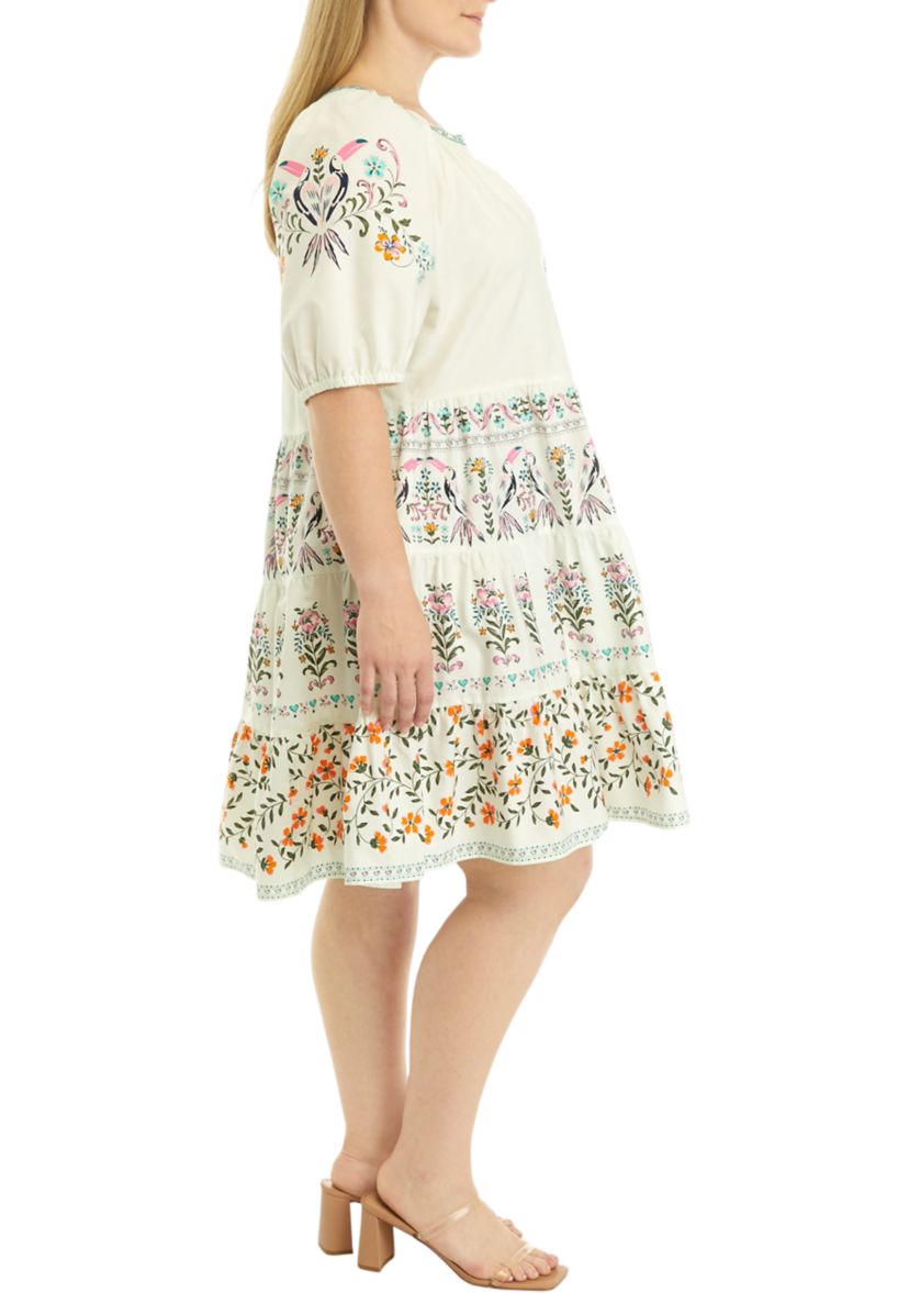 Plus Size Elbow Sleeve Floral Tiered Dress