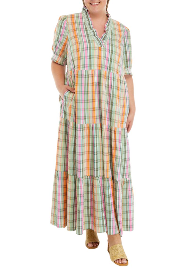 Plus Size Smocked Plaid Dress
