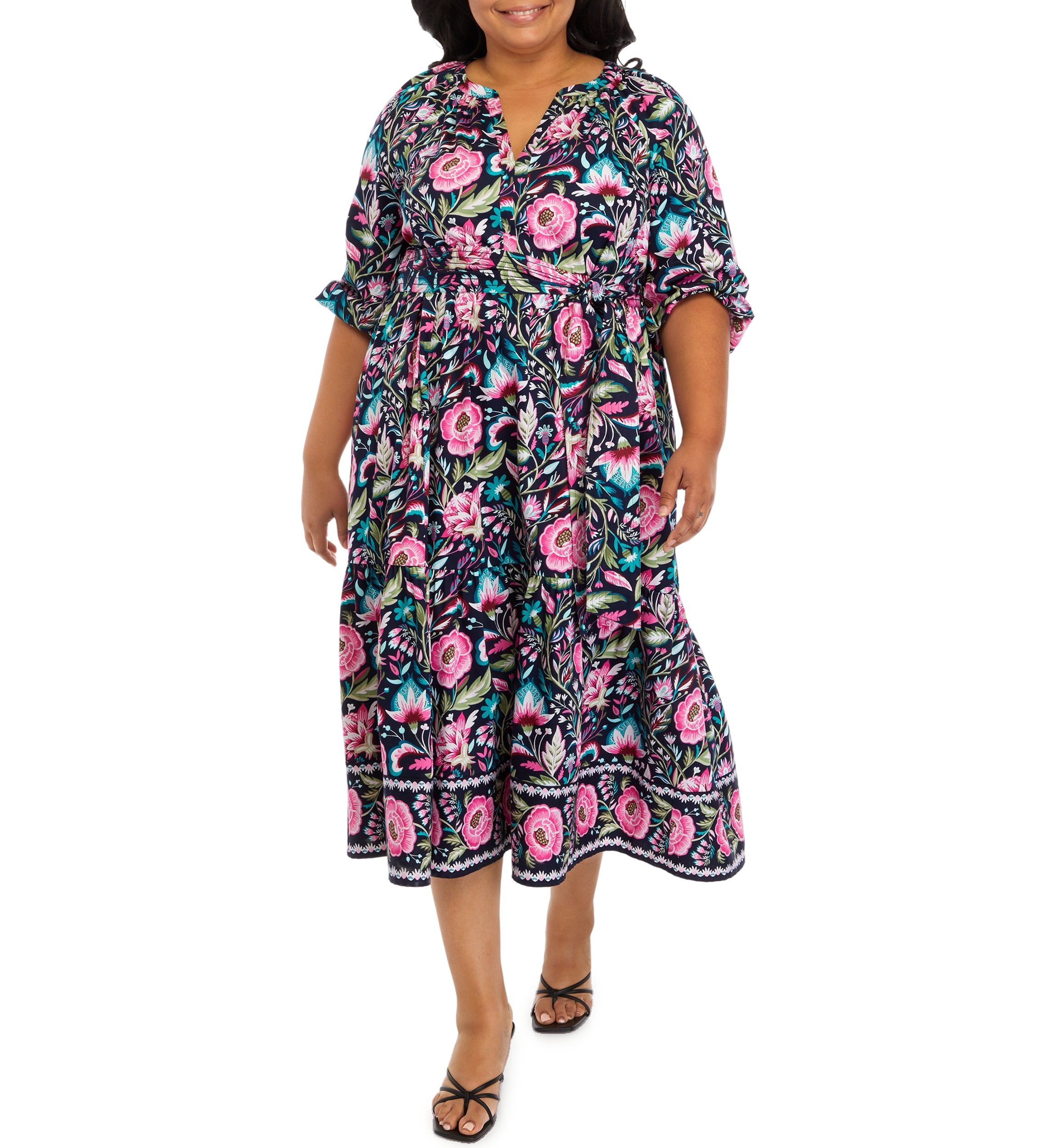 Plus Size Floral Printed  Peasant Dress