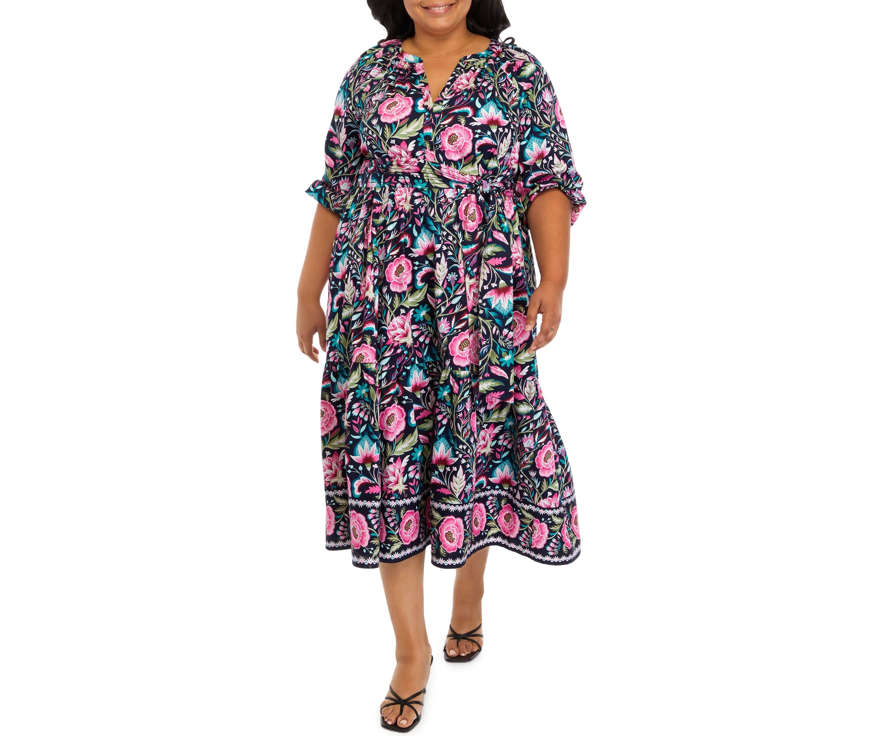 Plus Size Floral Printed  Peasant Dress