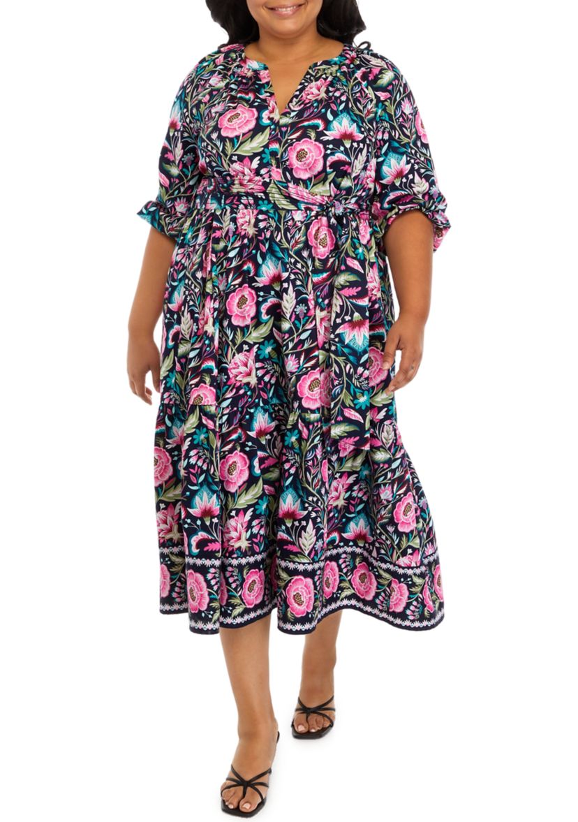 Plus Size Floral Printed  Peasant Dress